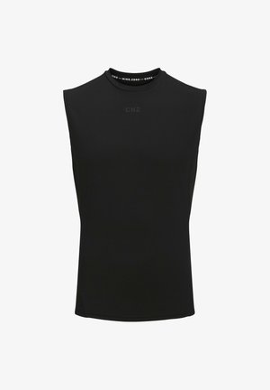 Top atletico senza maniche di colore nero con collo alto e piccolo logo "CNZ" al centro frontale.