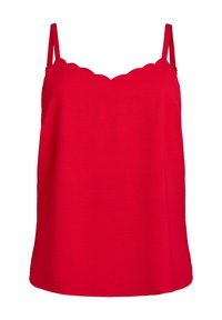 Czerwony bezrękawnik z falbaniastym dekoltem, wykonany z teksturowanej tkaniny. Posiada cienkie ramiączka i luźny krój.