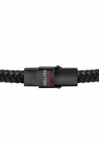 Bracciale in pelle intrecciata nera con chiusura in metallo lucido nero, caratterizzato da un logo "SECTOR" rosso e bianco. Texture liscia e design elegante.
