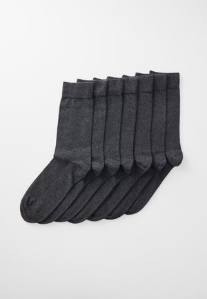 Eight pairs of dark gray socks made from a soft material, featuring a ribbed cuff and smooth foot section with a basic design.