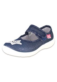 Blauwe stoffen schoen met zilveren sterdetail, twee verstelbare klittenbandsluitingen, witte rubberen zool en gestructureerde bovenkant voor extra grip.