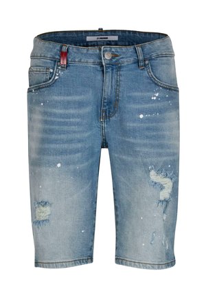 Heledad teksatšortid heledas sinises pesus, rebenenud servade ja kulunud laikudega. Omavad värvi pritsmeid ning viie tasku kujundust.