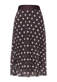 Jupe midi plissée noire à pois blancs avec une large ceinture présentant des détails subtils en texte.