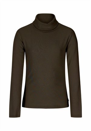 Chemise à col roulé marron foncé à manches longues avec une coupe ajustée et un logo discret sur la partie supérieure de la poitrine.