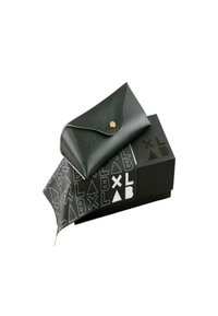 Borsetta in pelle verde con patta curvata e chiusura a scatto dorata, posizionata su una scatola nera con motivi geometrici bianchi e logo.