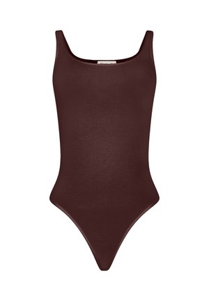 Dunkelbrauner ärmelloser Body mit rundem Ausschnitt und hoch geschnittenen Beinöffnungen, auf weißem Hintergrund dargestellt.