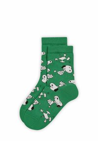 Grüne Socken mit einem Muster aus Snoopy-Illustrationen in Schwarz und Weiß, aus einem weichen, dehnbarem Material.