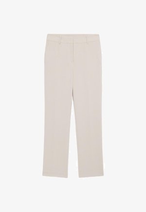 Pantalones beige ajustados con un diseño de pierna recta, que cuentan con una textura de tela suave y una cintura clásica, ideales para trajes formales.