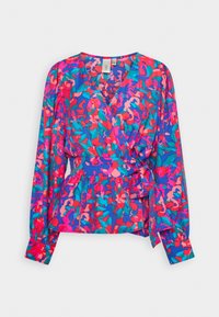 Blouse enveloppante colorée à manches longues, ornée d'un motif floral vibrant en rose, bleu et vert, avec un détail à la taille nouée et une texture douce.