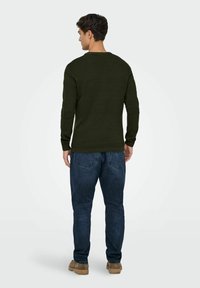 Suéter de punto verde oscuro con mangas largas y un patrón texturizado, combinado con jeans de mezclilla azules y zapatos beige, visto desde la parte posterior.