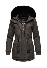 Gray insulated jacket with a faux fur hood, drawstring waist, multiple zippered pockets, and elastic cuffs. Features a patterned interior lining.