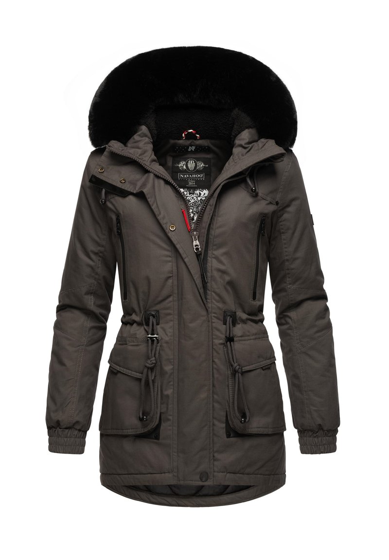 Gray insulated jacket with a faux fur hood, drawstring waist, multiple zippered pockets, and elastic cuffs. Features a patterned interior lining.