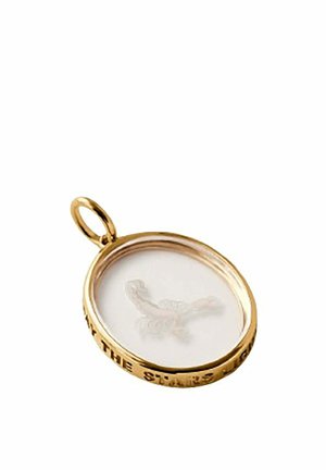 Colgante redondo de oro con un centro transparente que encierra una delicada pluma y texto grabado alrededor del borde.