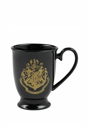 Black ceramic mug with gold Hogwarts crest and motto, featuring four house symbols and a large curved handle.