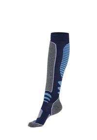 Knee-high sock in navy with gray and light blue accents. Features textured patterns and reinforced toe, made from a soft, stretchy material.