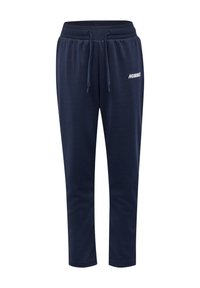 Navy blue athletic pants with elastic waistband, drawstring, and white "HUMMEL" logo on left thigh, straight leg design.