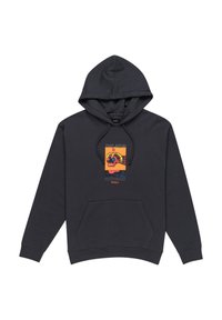 Dark gray hoodie made of cotton, featuring a front kangaroo pocket and a central graphic design in bright colors with text.