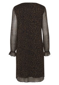 Robe longue transparente à manches longues arrivant au genou avec imprimé léopard marron et noir, poignets à volants et encolure ronde, vue de dos.
