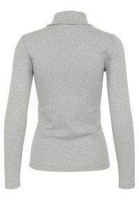 Ilga rankovė, šviesiai pilka palaidinė su raukšlėta tekstūra ir mock neck. Turi prigludusią siluetą ir lygias siūles.