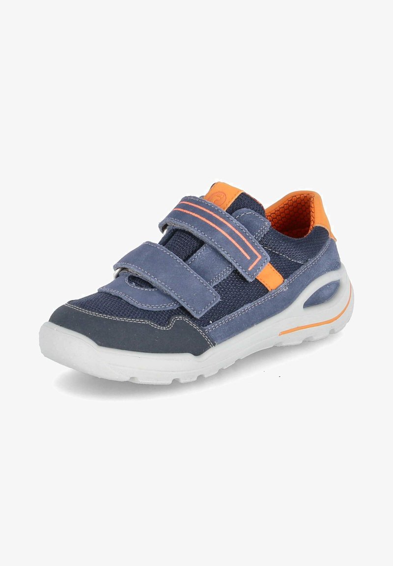 Marineblaue Schuhe mit orangen Akzenten und Klettverschlüssen. Strukturiertes Material und synthetische Überzüge. Weiße Gummisohle mit rutschfester Musterung.