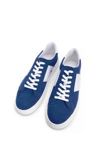 Para niebiesko-białych niskich sneakersów z białymi sznurówkami i gumowymi podeszwami na białym tle.