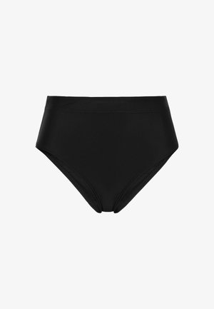 Costume da bagno nero a vita alta realizzato in tessuto morbido, con un design essenziale, una consistenza soffice e senza hardware o dettagli visibili.