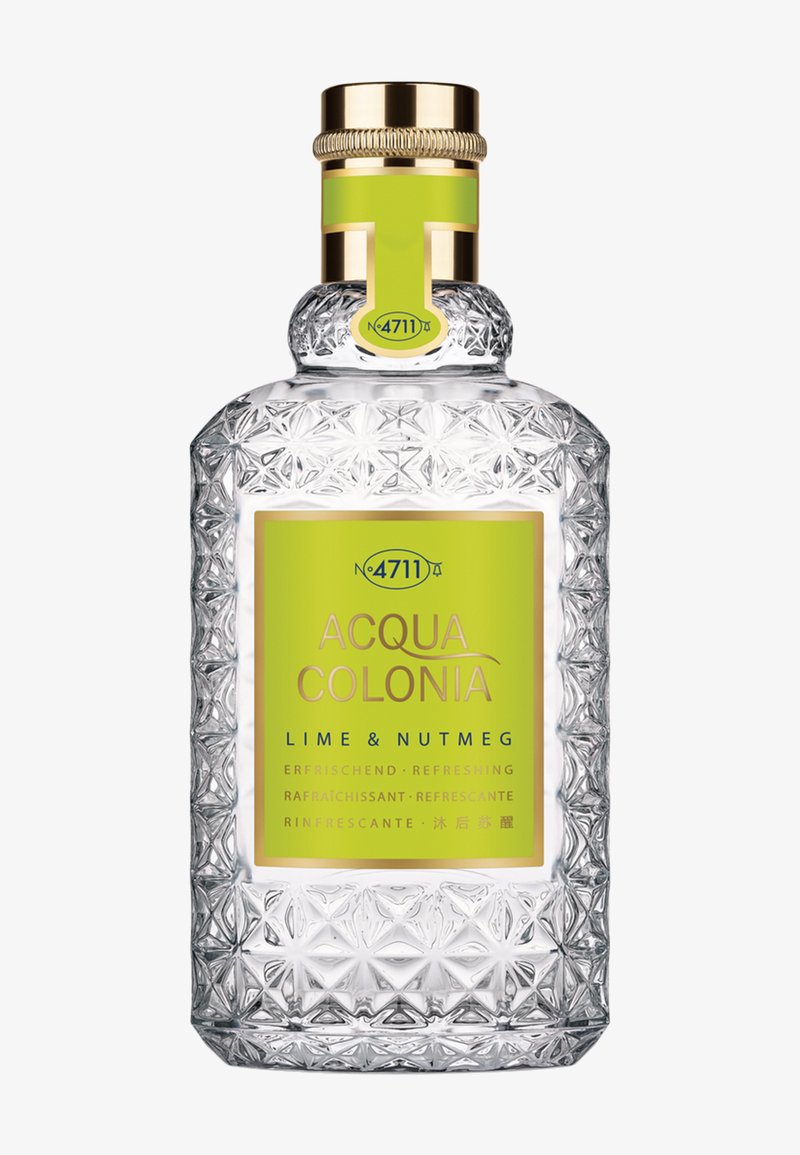 Bouteille en verre transparent avec motif en losange texturé, bouchon doré et étiquette verte portant l'inscription « 4711 Acqua Colonia Lime & Nutmeg ».
