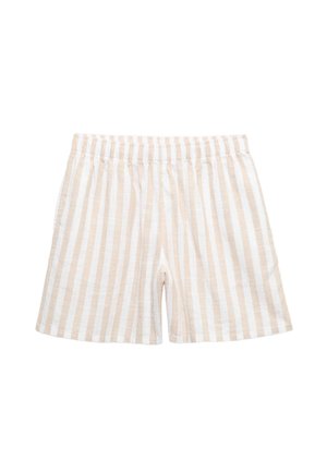 Light beige and white vertical striped shorts with an elastic waistband, made of lightweight fabric.