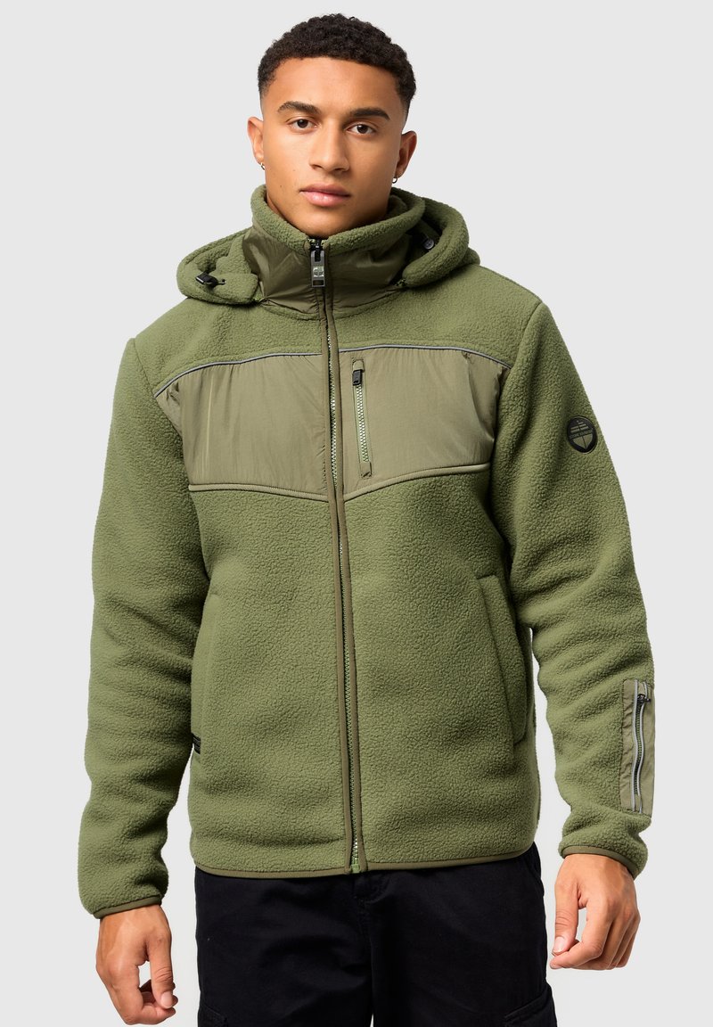 Grüne Fleecejacke mit Reißverschluss vorne, Kapuze und aufgesetzten Taschen. Verfügt über strukturierten Stoff, kontrastierende Einsätze und Reißverschlussakzente.