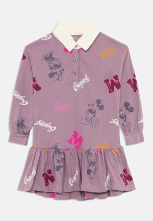 Purple dress with long sleeves and a collared neck, featuring printed Mickey Mouse and Minnie Mouse designs, and text accents in various colors.