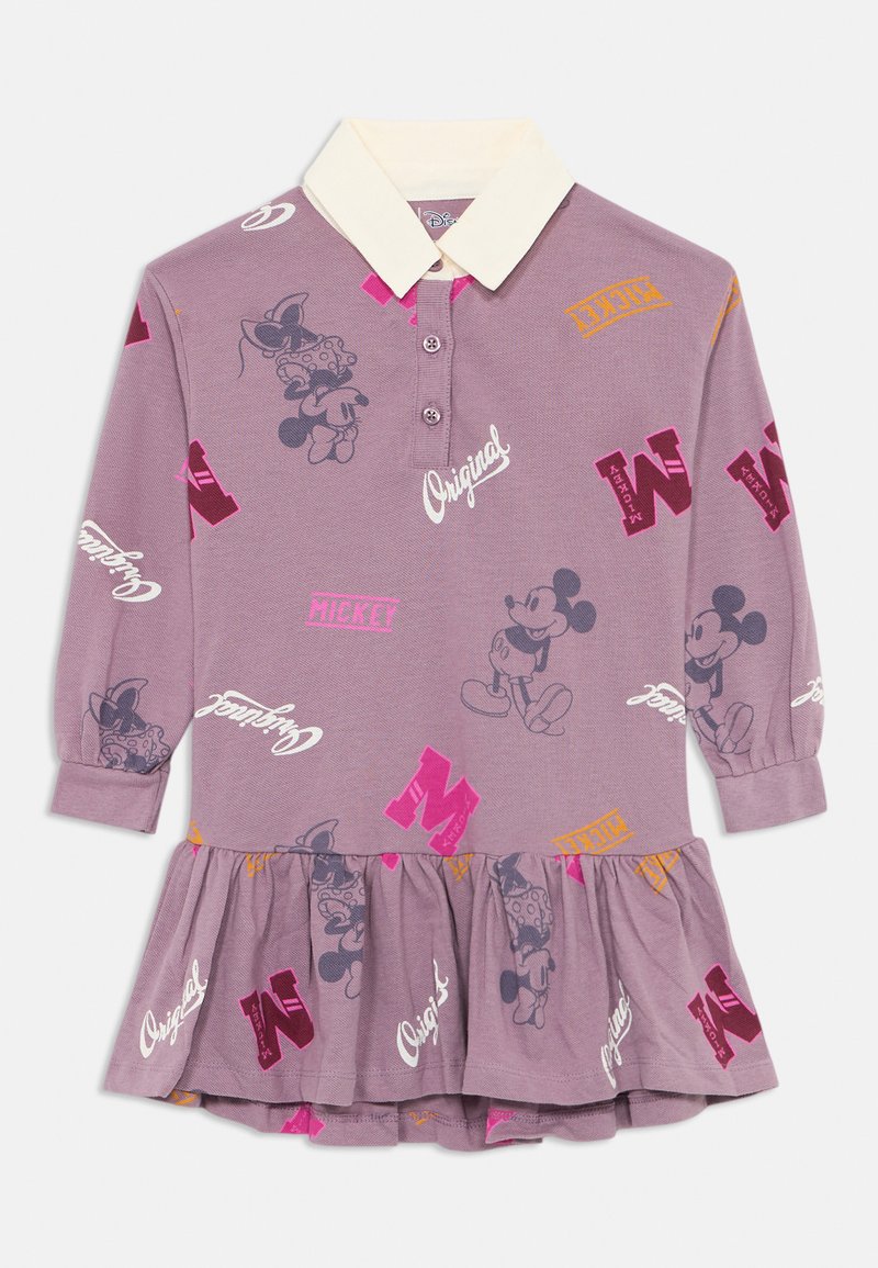 Abito viola con maniche lunghe e colletto, con disegni stampati di Topolino e Minnie e testi in vari colori.