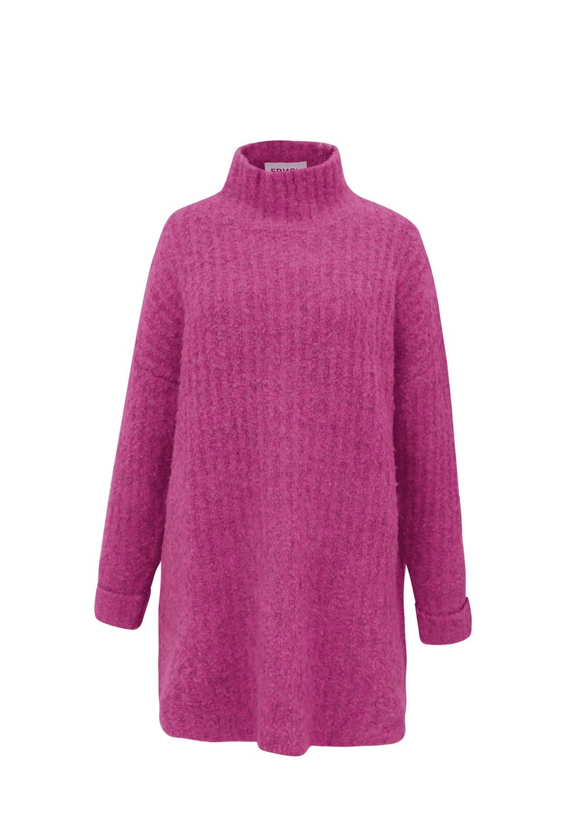 Luddig, överdimensionerad tröja i klar rosa med hög krage, långa ärmar och ribbat mönster. Dekorativ sömnad smyckar designen.