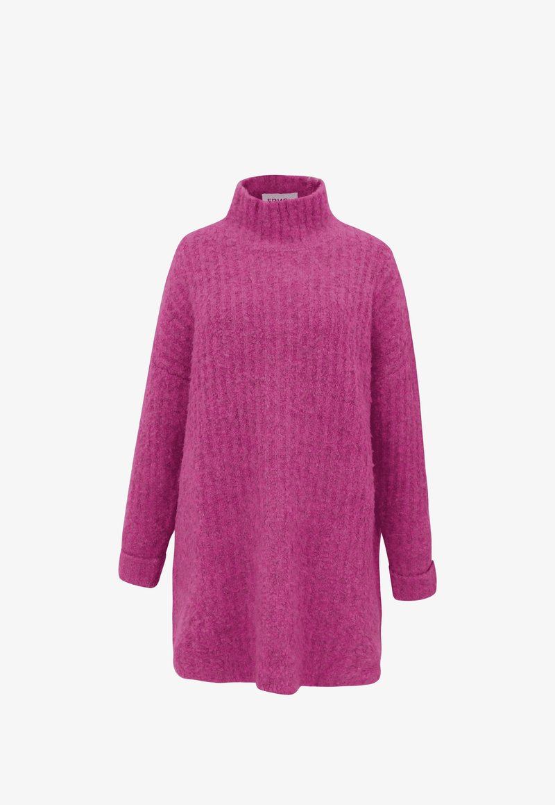 Luddig, överdimensionerad tröja i klar rosa med hög krage, långa ärmar och ribbat mönster. Dekorativ sömnad smyckar designen.