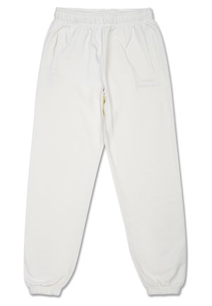 White, soft fabric joggers with an elastic waistband, two side pockets, and a tapered leg design. Features subtle branding on the side.