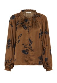 Brun satinblus med mörkt blommönster, samlad halsringning, knäppning framtill och långa ballongärmar med elastiska manschetter.