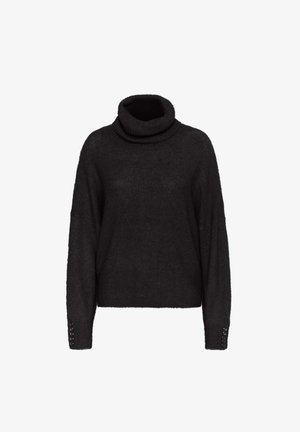 Black turtleneck sweater with a relaxed fit, soft texture, and long sleeves featuring button accents at the cuffs.
