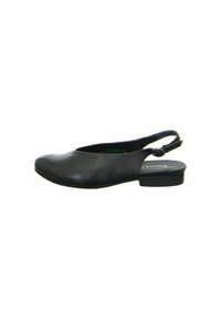 Schwarze Leder-Slingback-Schuhe mit runder Spitze, niedrigem Absatz und verstellbarem Riemen. Glatte Oberfläche mit minimalistischem Design.
