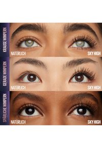 Tre sæt øjne med forskellige vippestile: krøllede, lige og sparse. Hver sat sammen med "Naturlich" og "Sky High" etiketter. Forskellige hudtoner.