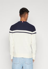 Maglione a maglia blu navy e crema con strisce orizzontali sulla schiena e un accento rosso sul collo. Texture morbida con maniche lunghe.