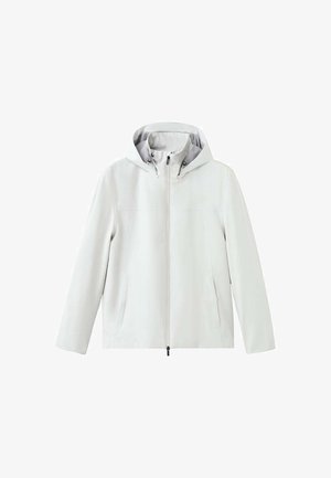 Svetlosiva jakna s kapuljačom, prednjim patentnim zatvaračem i bočnim džepovima, prikazana sprijeda na bijeloj pozadini.