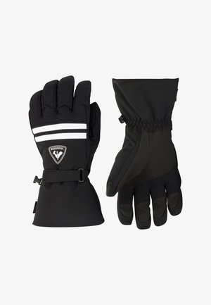 Zwarte geïsoleerde handschoenen met drie vingers voor behendigheid, voorzien van witte reflecterende strepen, verstelbare polsstrik en een logo op de achterkant.