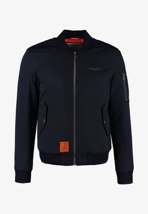 Marine bomberjack gemaakt van lichtgewicht stof, met een front-rits, ribgebreide manchetten en twee zijzakken met een oranje label detail.