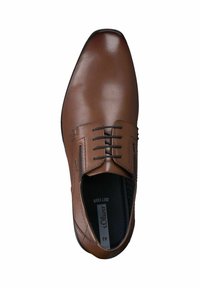 Braune Leder-Dressschuhe mit glatter Oberfläche, Schnürdesign, runder Zehenform und weichem Schaumstoffeinlage für zusätzlichen Komfort. Mit dezenten Stickdetails.