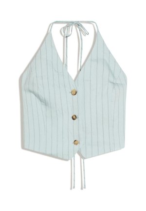 Top halter bleu deschis cu dungi verticale subțiri, trei nasturi maro pe partea din față și legături la gât și spate.