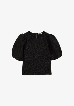 Black top with textured floral pattern, rounded neckline, and puff sleeves. Features a keyhole back closure.