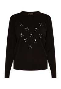 Schwarzer Strickpullover mit Rundhalsausschnitt, dekoriert mit unterschiedlich großen, perlenähnlichen Akzenten, die in einem verstreuten Muster auf der Vorderseite angeordnet sind.