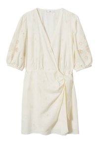 Vestido cruzado blanco hasta la rodilla con mangas abullonadas, confeccionado en tela texturizada y detalles de bordados florales. Atado a la cintura para un ajuste perfecto.