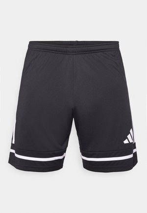 Sorte træningsshorts med elastisk talje, forsynet med hvide striber nær kanten og et logo på den nederste venstre side. Glat tekstur.