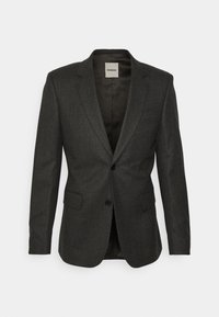 Ciemnoszary żakiet z teksturowanej tkaniny, z pojedynczym zapięciem na guzik, klapami w kształcie zakładki i dwoma przednimi kieszeniami. Podszewka wewnętrzna jest w jednolitym kolorze.