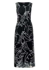 Černé bezrukávové šaty s bílými květinovými konturami, s dobře padnoucím tělem a volnou sukní. Vyrobeno z lehkého, průhledného materiálu.